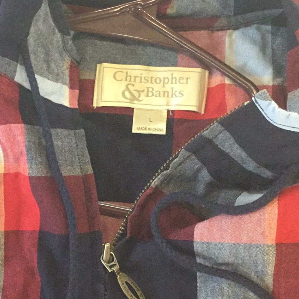 Christopher & Banks Red and Navy hooded Lightweight Plaid Jacket - Picture 2 of 5